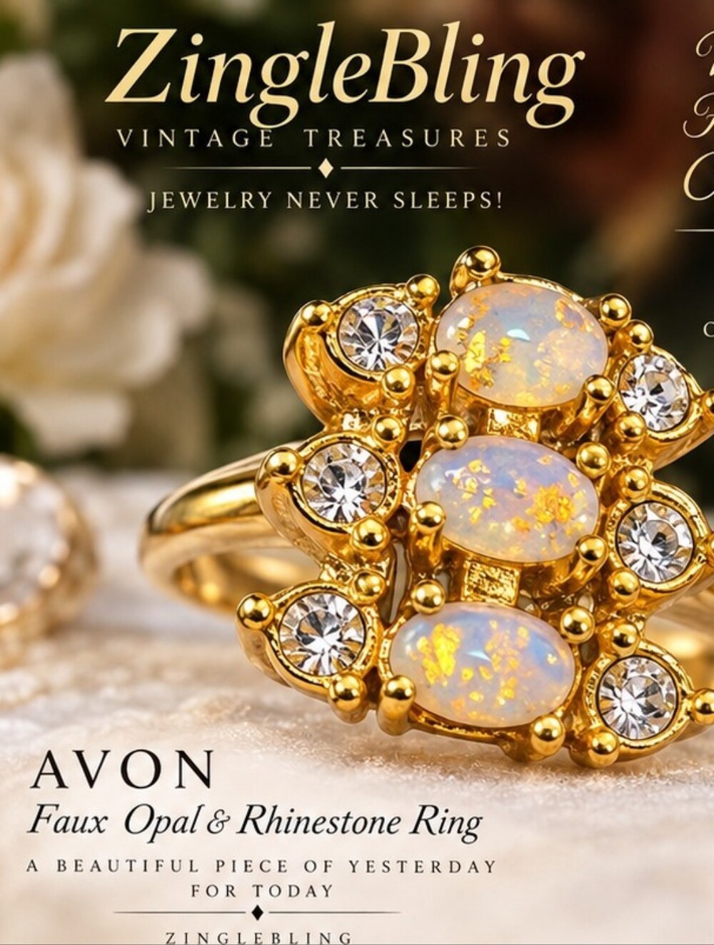 Vintage Avon Faux Opal Rhinestone Gold Tone Statement Ring Size 8